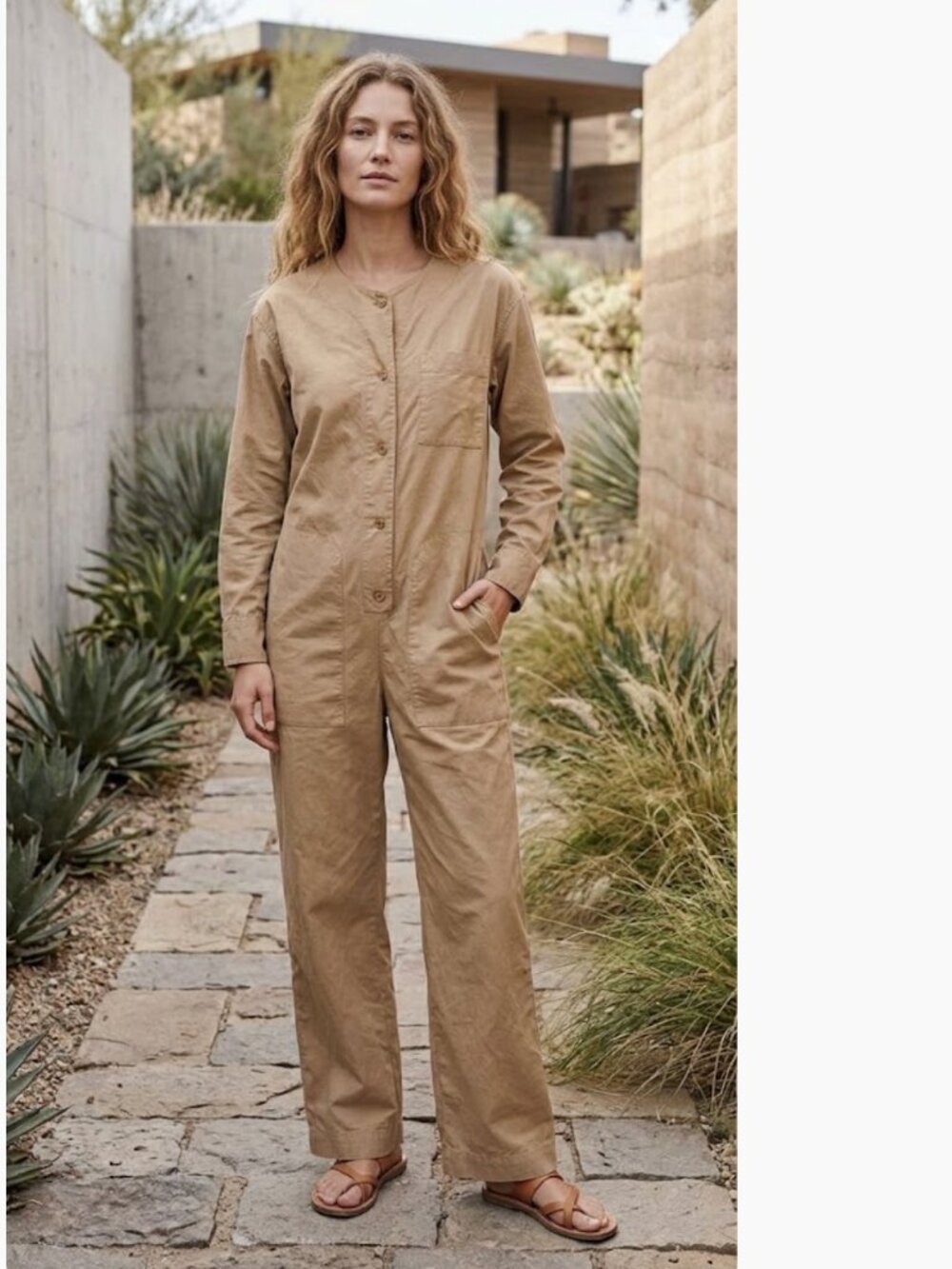 NWOT Abercrombie & Fitch Long-Sleeve Tan Twill Jumpsuit Oversized